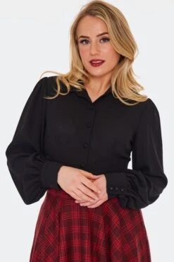 Black Puff Sleeve Button Down Top By Voodoo Vixen